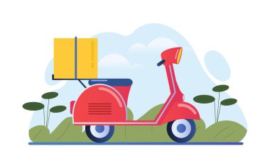 Lojistik taşıma scooter konsepti. Paketi veya kutusu olan bir kurye aracı. Ekspres yemek teslimatı. Kafe sitesi için reklam afişi ya da afişi. Çizgi film düz vektör çizimi