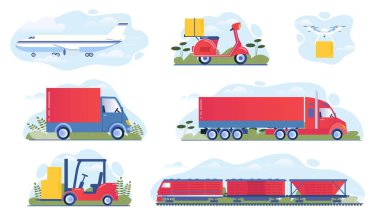 Lojistik nakil ayarlandı. Web sitesi için grafik elementlerin toplanması. Malların forklift, kamyon, tren ve uçakla taşınması. Beyaz arkaplanda izole edilmiş çizgi film düz vektör çizimleri
