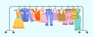 Giysiler askıda konsepti. Çocuk kıyafetleri, küçük kot pantolonlar, bluzlar ve tişörtler. Moda, moda ve tarz. İç çamaşırı ve giysi. İkinci el ve butik. Çizgi film düz vektör çizimi