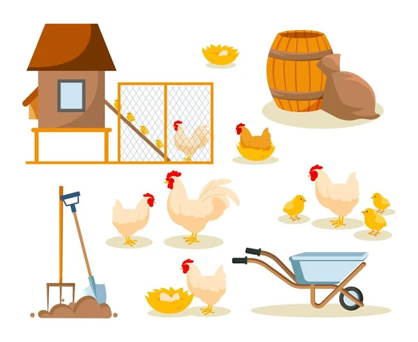 鶏のセット 農場動物の集合 農業と村 ネストと家 赤ちゃん ひよこ 卵を持った母親 白い背景に隔離された漫画の平らなベクトルのイラスト — ストックベクタ