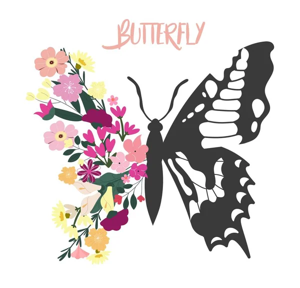 Silhouette Eines Schmetterlings Symbol Des Frühlings Halb Mit Tusche Gezeichnet — Stockvektor