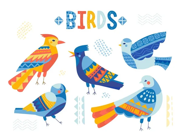 カラフルな鳥のセット 翼と羽を持つ青と黄色の文字のコレクション 春と夏の季節のシンボル 白い背景に隔離された漫画の平らなベクトルのイラスト — ストックベクタ