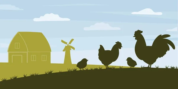 Ayam Peternakan Banner Pertanian Dan Lanskap Pedesaan Desa Dengan Hewan - Stok Vektor