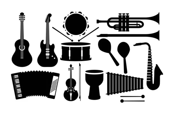 Musical Instruments Set Collection Graphic Elements Website Silhouette Guitar Trumpet — Stock Vector