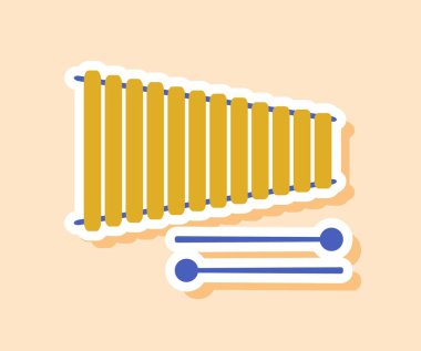 Müzikal ksilofon çıkartması. Çocuklar için oyuncaklar, yaratıcılık ve sanat. Orkestra ve müzik grubu performansları için ekipman. Şarkı ve melodi, notalar. Çizgi film düz vektör çizimi