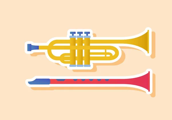 Musical Trumpet Sticker Red Flute Golden Trumpet Jazz Instruments Orchestra — Stock Vector