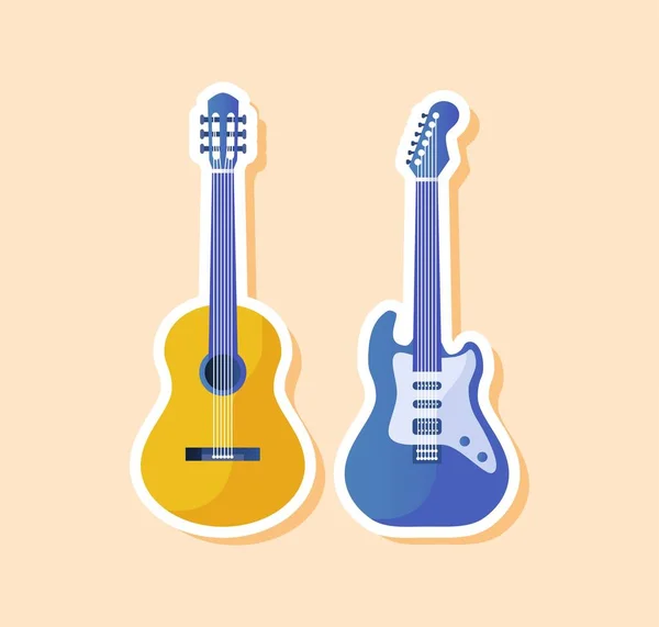 Musical Guitars Sticker Electric Acoustic Instrument Inventory Jazz Rock Performace — Stock Vector