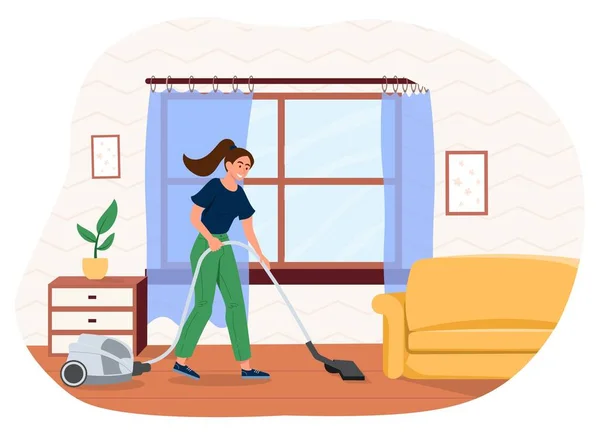 Γυναίκα Σκουπίζει Πάτωμα Ένα Νεαρό Κορίτσι Καθαρίζει Διαμέρισμα Καθαριότητα Και — Διανυσματικό Αρχείο