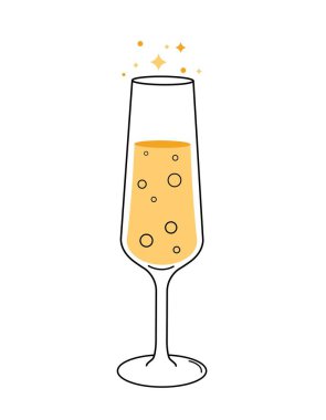 Bardakla içki. Şampanya ya da bardakta soda. Kafe ya da restoran logosu. Bayramların ve festivallerin sembolü. Minimalist yaratıcılık ve sanat. Poster ya da afiş. Çizgi film düz vektör çizimi