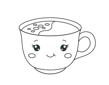 Kawaii çay kuyruğu. Bir fincan kahve ya da diğer sıcak içecekler ve lezzetli sıvı, aroma ve içecek. Web sitesi afişi ya da afişi. Çizim ve kalem çizimi. Çizgi film düz vektör çizimi