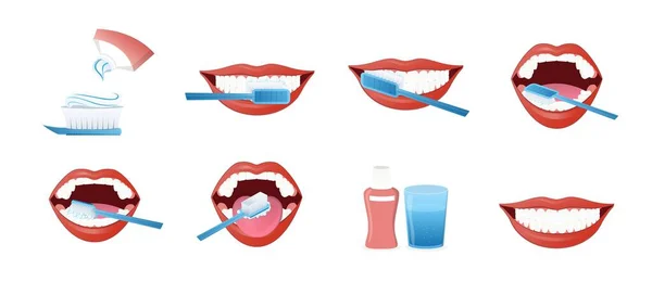 歯磨きのポイント インフォグラフィック 清潔さ 口と歯ブラシ ペースト ヘルスケア 歯科と口頭について 白い背景に隔離された漫画の平らなベクトルのイラスト — ストックベクタ