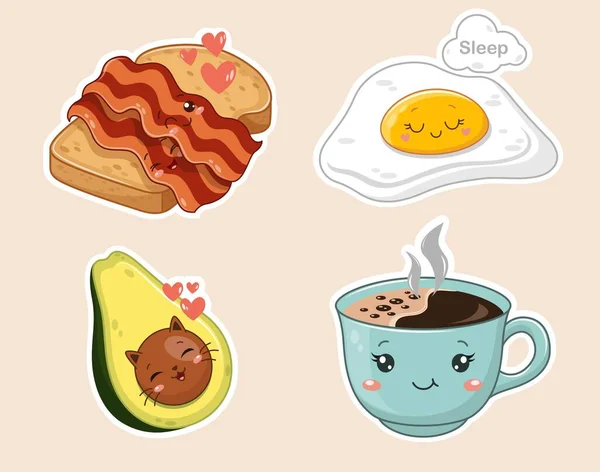 Kawaii早餐贴纸设置 为网站收集图形元素 咖啡或茶 炒鸡蛋和培根吐司 在白色背景上孤立的卡通平面矢量插图 — 图库矢量图片