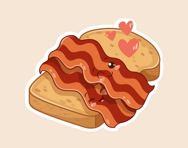 Torrada Kawaii Com Bacon Bom Dia Pequeno Almoço Caráter Bonito — Vetor de Stock