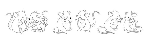 ラインマウスのセット ロデント 動物のカップル 愛とケア バレンタインデーのためのデザイン要素は ミニマリストスタイルでポストカードに挨拶します 白い背景に隔離された漫画の平らなベクトルのイラスト — ストックベクタ