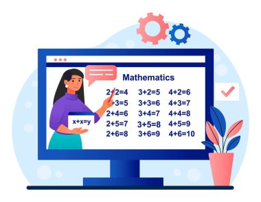 Çevrimiçi öğrenme kavramı. Çarpım tablosunun arka planına bakan genç kız. Çevrimiçi motivasyon dersi ve ders, uzaktan öğrenme ve eğitim. Çizgi film düz vektör çizimi