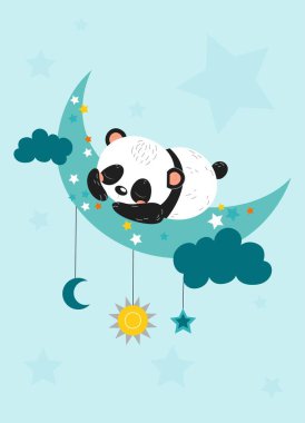 Hilal posterinde şirin bir panda. Sevimli hayvan yıldızların yanında uyur ve bulutlu güneş. Hayal gücü ve fantezi, hayal ve dinlenme. Web sitesi afişi ya da afişi. Çizgi film düz vektör çizimi