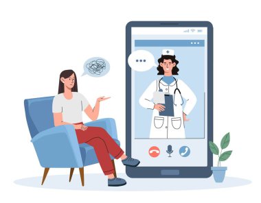Online danışma konsepti. Hasta, doktorla telefon ekranından iletişim kuruyor, online yardım alıyor. Sağlık ve düzenli ziyaret. Teletıp, ekranda görüntülü arama. Çizgi film düz vektör çizimi