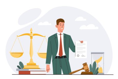 Profesyonel avukat konsepti. Belgesi olan bir adam ve altın pulların arka planında yargıç tokmağı. Adalet ve hukuk, uzman. Yasal hizmet ve otorite. Çizgi film düz vektör çizimi