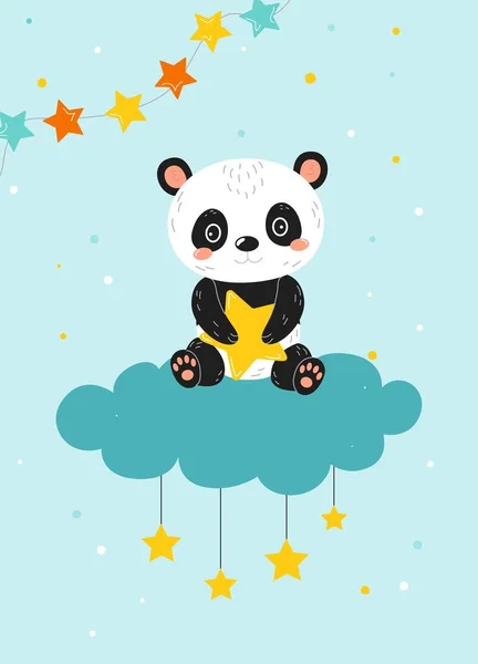 Niedlichen Panda Auf Wolke Poster Charmante Figur Sitzt Mit Stern — Stockvektor
