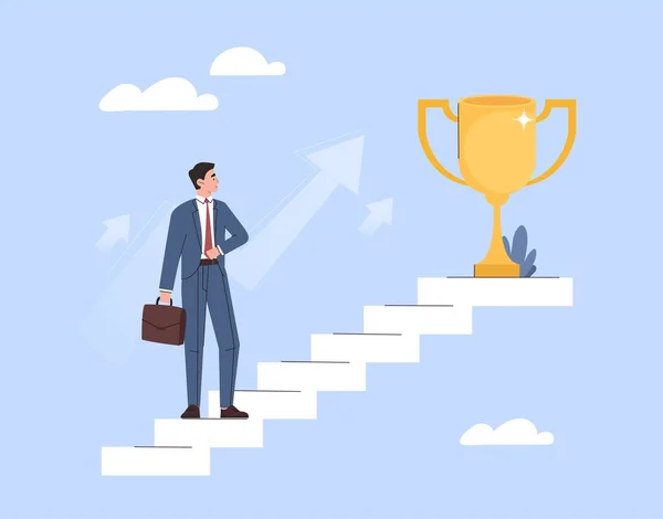 Successful Man Concept Entrepreneur Climbs Stairs Golden Goblet Trophy Achievement — Stock Vector