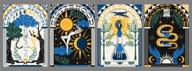 Boho mistik posterleri. İçinde ruh hikayeleri, alıntılar, yıldızlar, yılanlar, ay ve güneş olan sihirli tarot kartları koleksiyonu. Bohem tarzı tasarım. Çizgi film düz vektör çizimleri gri üzerinde izole