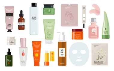 Kore cilt bakımı seti. Kozmetik ürünleri, kremler ve spreyler koleksiyonu. Yüzü temizlemek, ciltlemek ve nemlendirmek için güzel şeyler. Beyaz arkaplanda izole edilmiş çizgi film düz vektör çizimleri