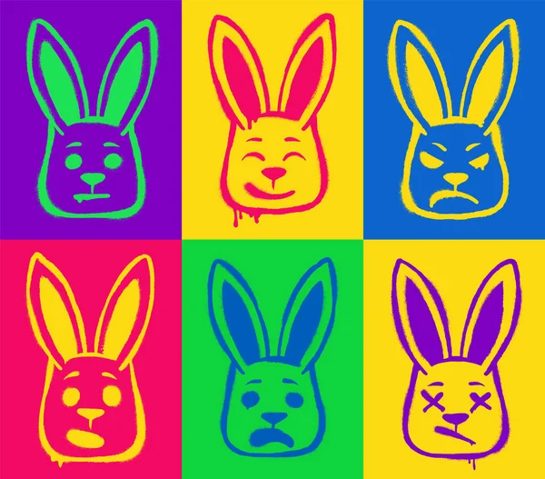 兔子的严重程度设置 为网站 Nft和加密图形资产收集彩色海报 绿色和蓝色的兔子 在明亮背景下孤立的卡通平面矢量图解 — 图库矢量图片