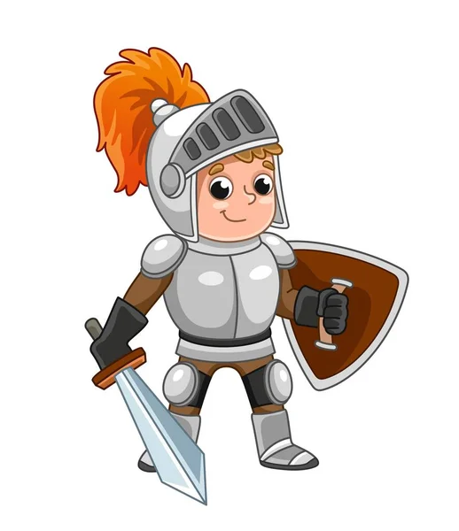 可爱的骑士男孩 可爱的孩子 带着大剑和盾牌 戴着盔甲和头盔 中世纪的战士和拿着武器的角斗士幻想和想象 卡通平面矢量插图 — 图库矢量图片
