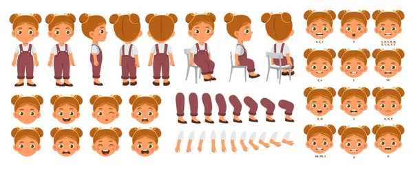 Znak Pro Animaci Malá Usměvavá Školačka Různými Emocemi Gesty Různé — Stockový vektor