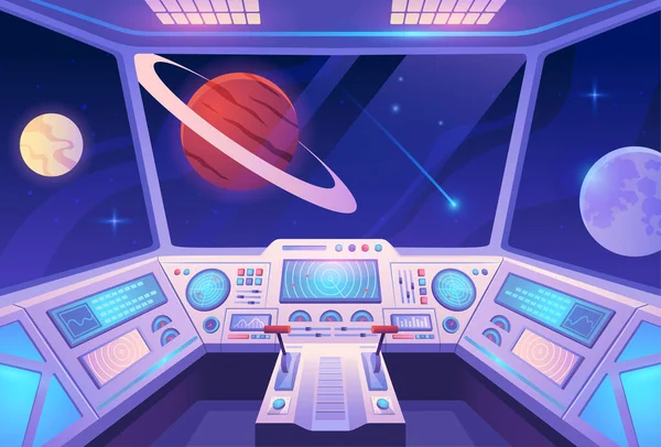宇宙船のインテリア ロケットのコックピットから宇宙空間の惑星や星まで 多彩なポスター モバイルゲームやアプリケーションのためのデザイン要素 漫画フラットベクターイラスト — ストックベクタ