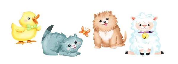 可爱的小动物集合 有蝴蝶的猫 狗和羊肉 可爱的宠物 动物和野生动物 有趣的角色集合 在白色背景上孤立的卡通平面矢量插图 — 图库矢量图片