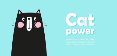 Siyah kedi afişi. Kedi gücü konsepti. Komik şirin hayvan ve hayvan, memeli. Davetiye ve tebrik kartı için tasarım ögesi. Not defteri çıkartma şablonu. Çizgi film düz vektör çizimi