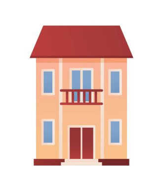 Bej rengi özel ev. İki katlı iki katlı büyük bir bina. Binanın dış ve dış cephesi, şehir mimarisi. Şehir ya da kasaba, ev ya da daire. Çizgi film düz vektör çizimi