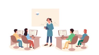 Eğitim süreci video konsepti. Taşınan kız öğretmen veya koç, veri analizi ve mali yönetim konulu seminer veya konferans veriyor. Öğrenciler iş süreçlerini öğrenirler. Düz grafik çizgi film