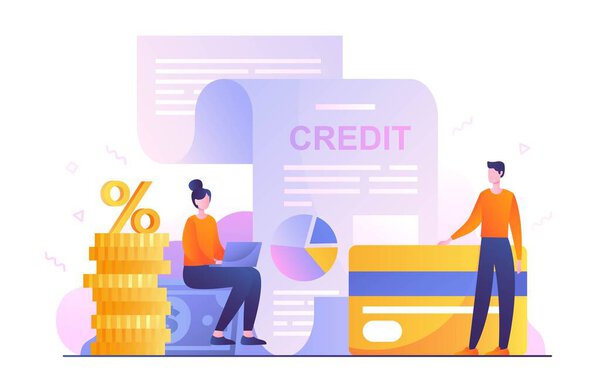 Люди с кредитами. Мужчина и женщина с банковской картой и золотыми монетами оценивают документы. Финансовая грамотность, анализ сбережений и семейного бюджета. Долг и проценты. Мультфильм с плоским вектором