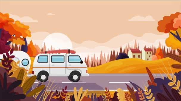 转到公路旅行视频概念 挂满拖车或货车的横幅沿着乡间道路行驶 旅行和旅游 在自然界中的旅程或假期 秋天的风景与汽车之家 平面图形动画片 — 图库视频影像