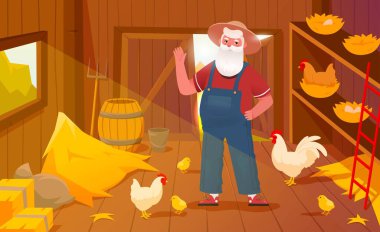 Tavuk kümesinde çiftçi. Ahırda buğdaylı yaşlı bir adam evcil hayvanlara bakar, yemek için kuş yetiştirir. Tarım sektörü, kırsal bölgeler, çiftlikte çiftlik evi. Çizgi film düz vektör çizimi
