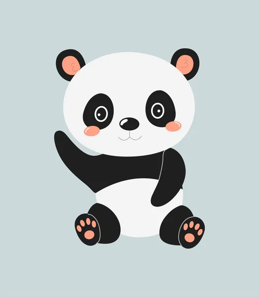 Cute kawaii baby panda sitting raising hand cartoon character