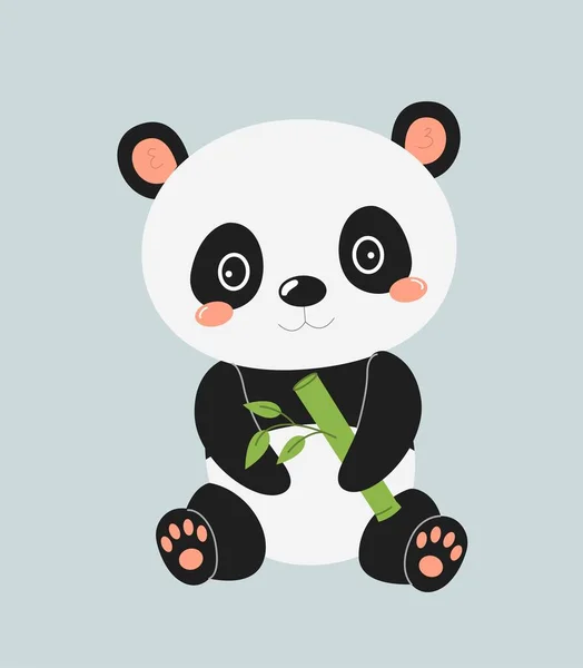 Cute Panda Jeść Bambusa Urocza Postać Siedząca Rośliną Flora Fauna — Wektor stockowy