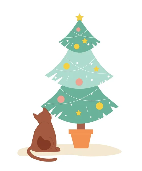 Noel Ağacı Olan Bir Kış Kedisi Kedi Yavrusu Çelenkleri Topları — Stok Vektör