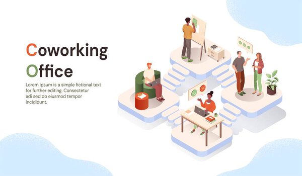Коворкинг офис концепция. Работающие мужчины и женщины, коллеги и партнеры, работающие над общим проектом. Сотрудничество и сотрудничество. Бизнес-процесс и рабочий процесс. Иллюстрация карикатурных изометрических векторов