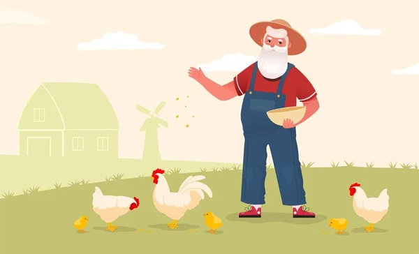 Farmer Chicken Man Feeds Pets Farm Agriculture Senior Background Windmill — Stock Vector