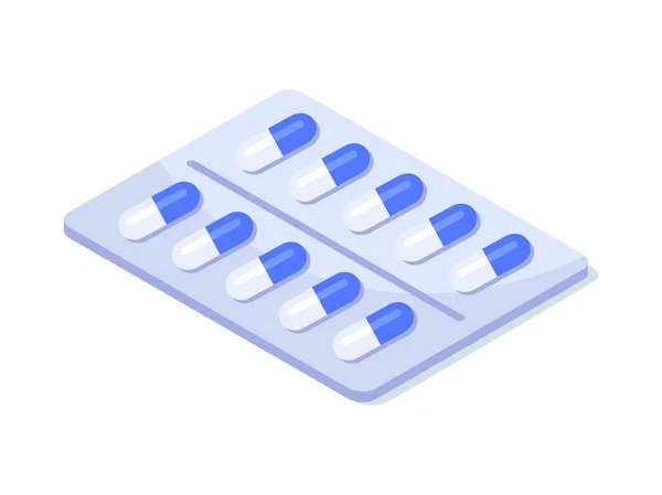 ファーストエイド錠 銀製のプラスチックブリスターの白と青の薬 痛みの薬 そして医療 薬局と病院 マンガイソメトリックベクターイラスト — ストックベクタ