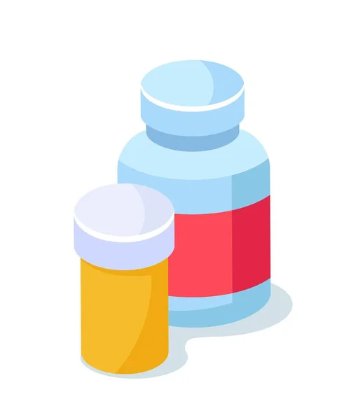 ファーストエイドボトル シロップが付いている黄色および赤いパッケージ 鎮痛剤および鎮静剤の治療のためのセット マンガイソメトリックベクターイラスト — ストックベクタ
