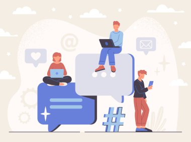 İnternet iletişimi ve sohbet konsepti. Dizüstü bilgisayarları ve akıllı telefonları olan kadın ve erkekler arkadaşlarına mesaj gönderiyor. Konuşma baloncukları olan karakterler sohbet ediyorlar. Çizgi film düz vektör çizimi