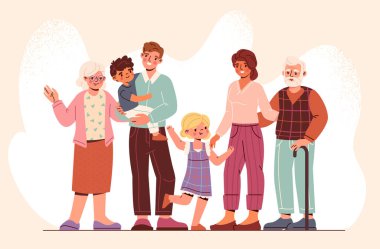 Üç Nesil Aile kavramı. Mutlu büyükanne ve babalar, anne ve baba ve kız ve oğul. Çocuklarıyla çiftler. Yaşlı, yetişkin ve genç erkek ve kadınlar. Çizgi film düz vektör çizimi