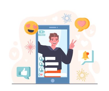 Blogcu adam konsepti. Akıllı telefon ekranındaki adam, popüler kişilik ve ünlü karakter. Web sitesi için sosyal ağlar ve ilginç içerik. Yaratıcı özçekim. Çizgi film düz vektör çizimi