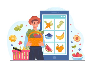 İnternette vejetaryen yemekleri var. Elinde sebze ve meyve sepeti olan bir adam akıllı telefonun önünde duruyor. İnternetten, tarımdan ve tarımdan mal almak. Hasatlı çiftçi. Çizgi film düz vektör çizimi