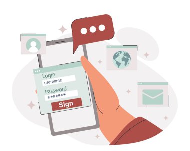 İnternet güvenliği kavramı. El kameraları, akıllı telefonlar, aygıtlar. Giriş ve parola, yetki ve kimlik doğrulama. Karakter hesap ya da profile girdi. Çizgi film düz vektör çizimi