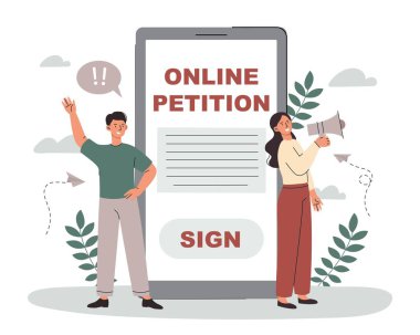 Çevrimiçi petetion konsepti. Erkek ve kadın haklarını, demokrasilerini ve ifade özgürlüklerini savunuyorlar. Sivil ve sorumlu toplum. Modern teknolojiler ve dijital dünya. Çizgi film düz vektör çizimi